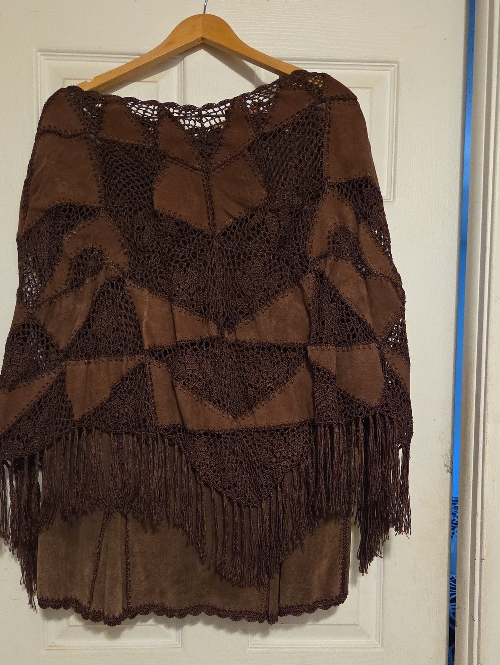 Brown Leather Crochet Fringe Women's Poncho & Skirt Set